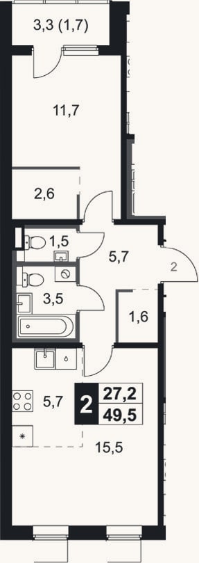 Планировка: 2-к, 48,6 м²