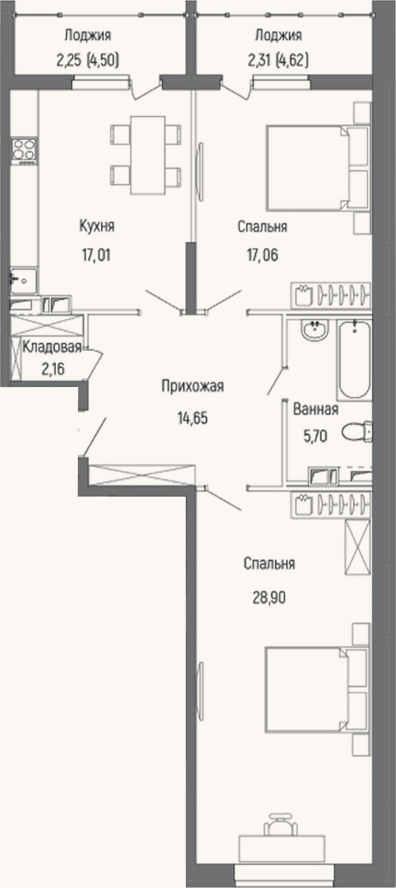 Планировка: 2-к, 85,5 м²