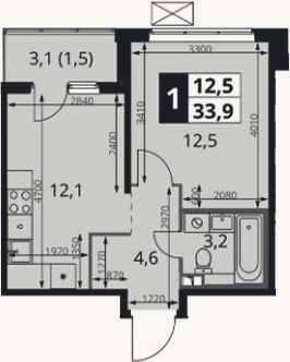 Планировка: 1-к, 32,4 м²