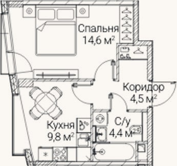 Планировка: 1-к, 33,3 м²