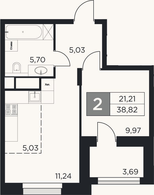 Планировка: 2-к, 37 м²