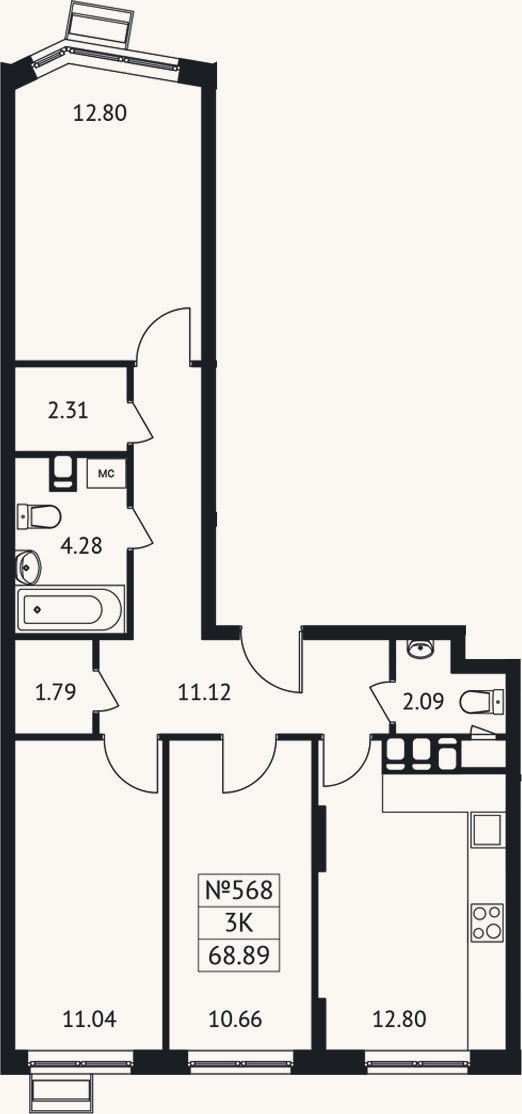 Планировка: 3-к, 68,9 м²