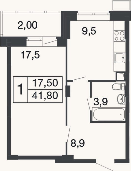 Планировка: 1-к, 39,8 м²