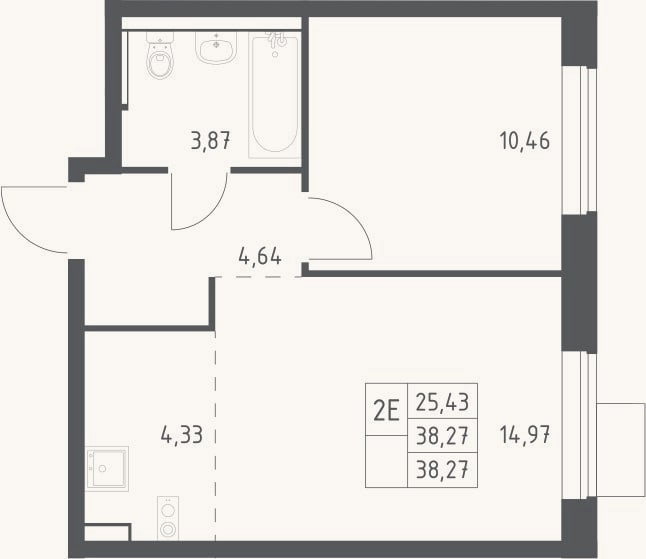 Планировка: 2-к, 38,3 м²