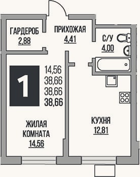Планировка: 1-к, 38,7 м²