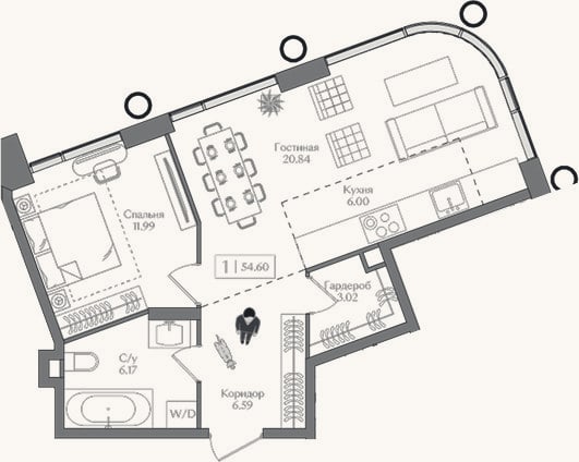Планировка: 2-к, 54,6 м²