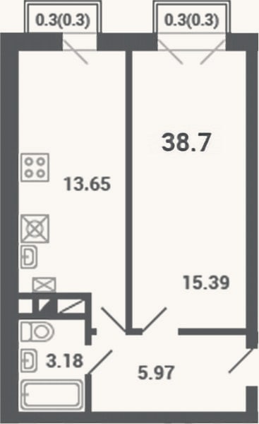 Планировка: 1-к, 38,1 м²