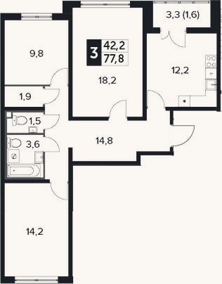 Планировка: 3-к, 76,2 м²