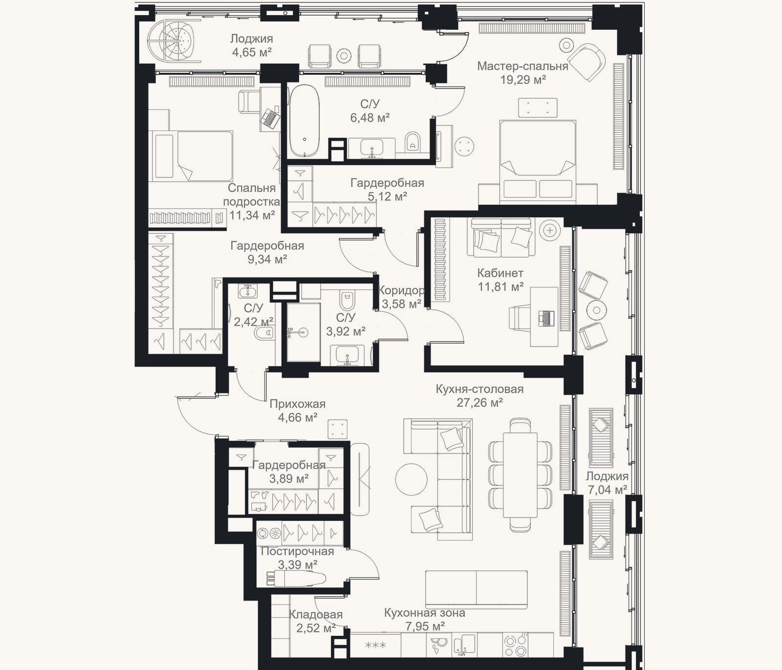 Планировка: 3-к, 123 м²