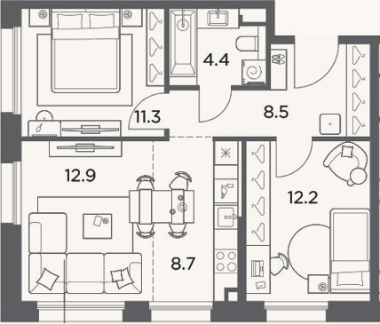 Планировка: 3-к, 58 м²