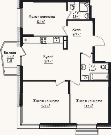 Планировка: 3-к, 74,2 м²