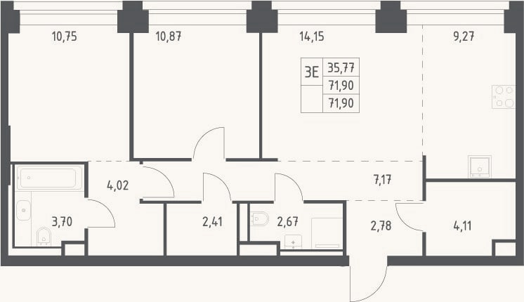 Планировка: 3-к, 71,9 м²