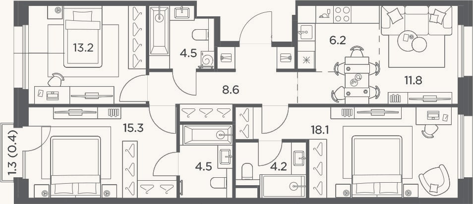 Планировка: 4+ к, 86,4 м²