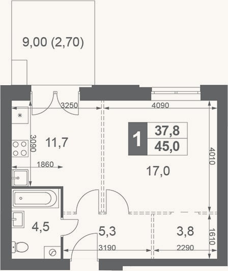 Планировка: 1-к, 42,3 м²
