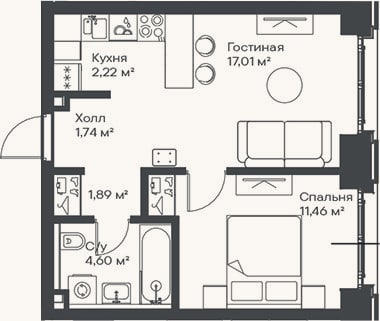 Планировка: 2-к, 38,9 м²