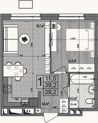 Планировка: 2-к, 39,2 м²
