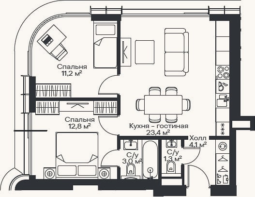 Планировка: 3-к, 54,5 м²