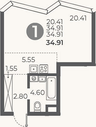 Планировка: Студия, 34,9 м²