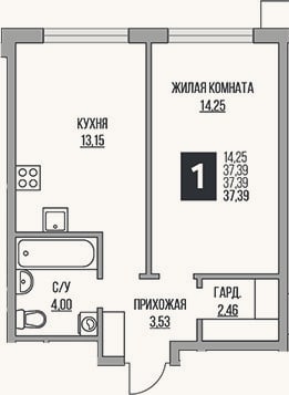Планировка: 2-к, 37,4 м²
