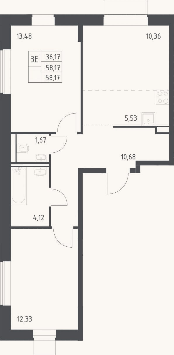 Планировка: 3-к, 58,2 м²