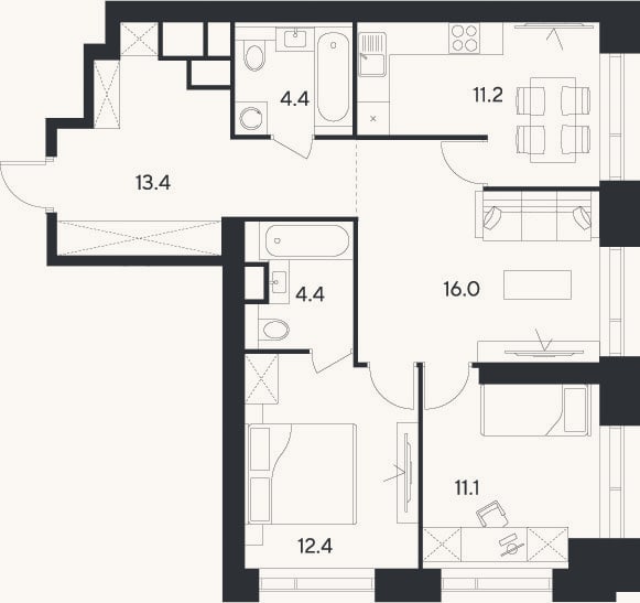 Планировка: 3-к, 72,9 м²