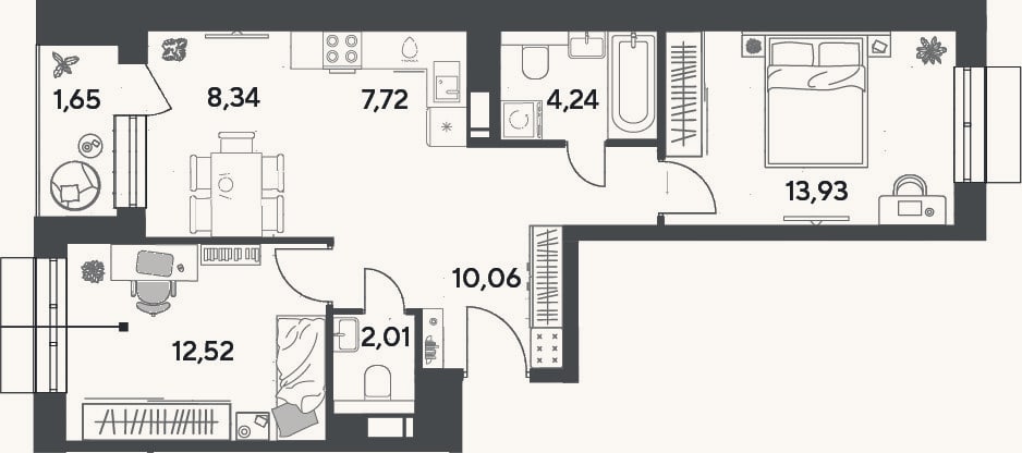 Планировка: 3-к, 58,8 м²