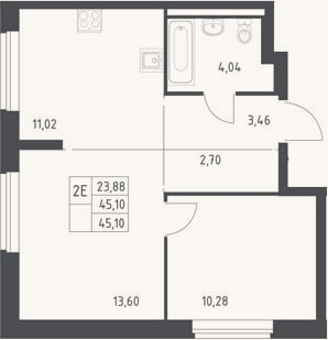 Планировка: 2-к, 45,1 м²