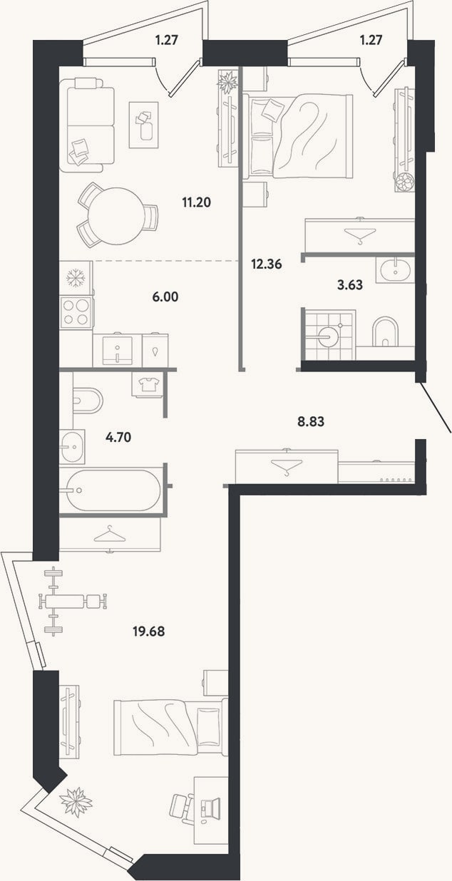 Планировка: 2-к, 66,4 м²