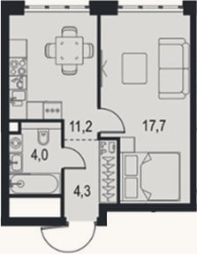 Планировка: 1-к, 37,2 м²