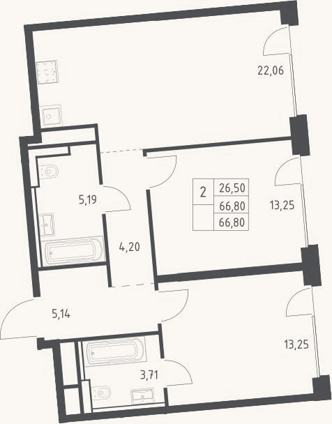 Планировка: 3-к, 66,8 м²