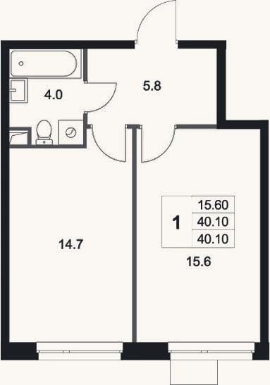 Планировка: 1-к, 40,1 м²