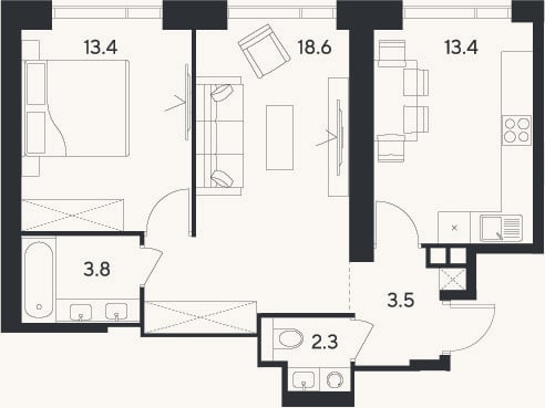 Планировка: 2-к, 55 м²