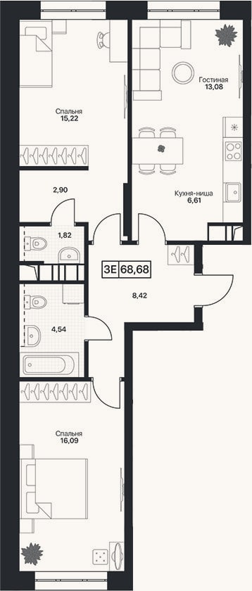 Планировка: 3-к, 68,7 м²