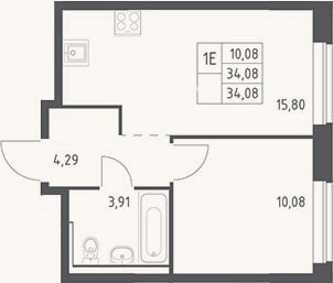 Планировка: 2-к, 34,1 м²