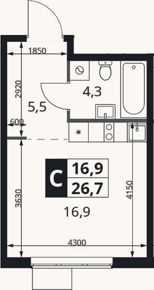 Планировка: Студия, 26,7 м²