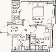 Планировка: 1-к, 35 м²