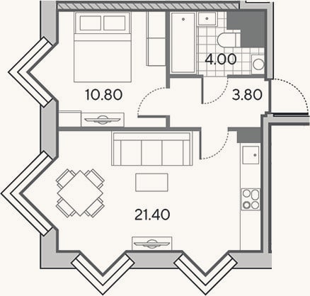 Планировка: 2-к, 40 м²