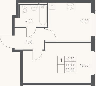 Планировка: 1-к, 35,4 м²