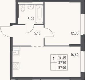 Планировка: 2-к, 37,9 м²