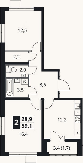 Планировка: 2-к, 57,4 м²