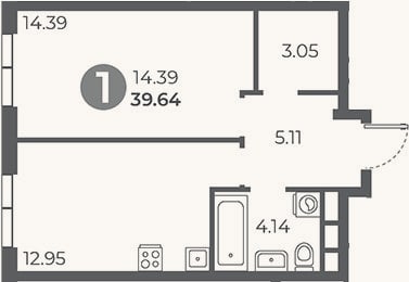 Планировка: 1-к, 39,6 м²