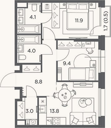 Планировка: 2-к, 55 м²
