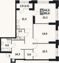 Планировка: 3-к, 78,5 м²