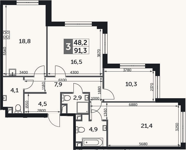 Планировка: 3-к, 91,3 м²