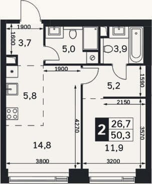 Планировка: 2-к, 50,3 м²