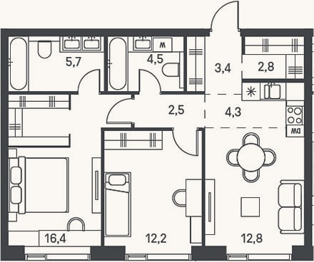 Планировка: 3-к, 64,6 м²