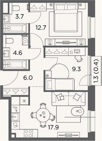 Планировка: 2-к, 54,2 м²