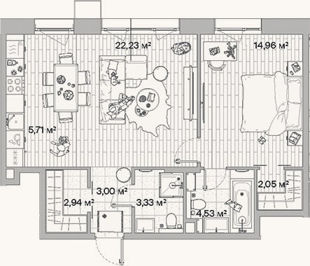 Планировка: 2-к, 58,8 м²