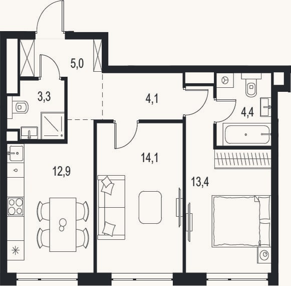 Планировка: 2-к, 57,2 м²