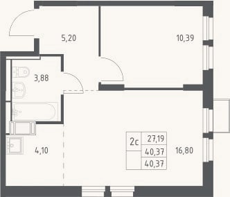 Планировка: 2-к, 40,4 м²